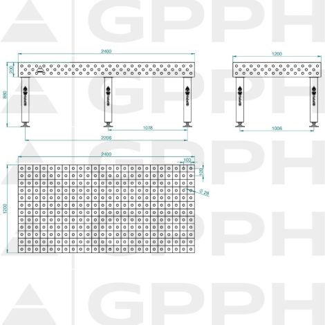 Stół spawalniczy GPPH PRO 2400x1200, siatka 100x100, otwory 28/16 GPPH kod: 78041 - 6